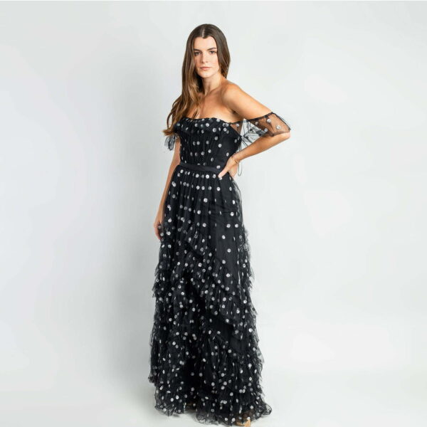 Vestido Marchesa Notte color negro con puntos plateados 1