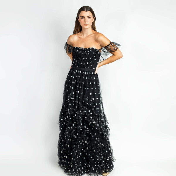 Vestido Marchesa Notte color negro con puntos plateados 2