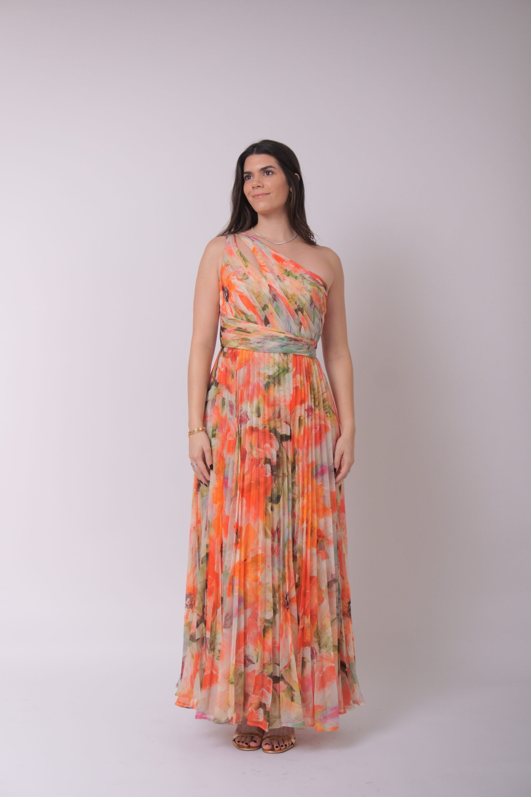 Marchesa Notte one shoulder naranja con flores